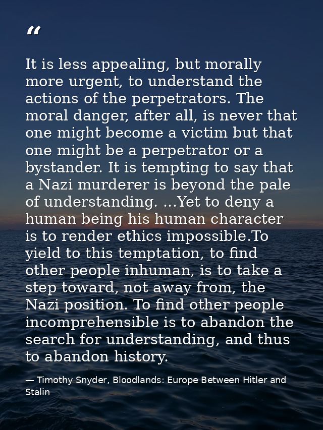 It is less appealing, but morally more urgent, to understand the actions of the perpetrators. The moral danger, after al — Timothy Snyder, Bloodlands: Europe Between Hitler and Stalin