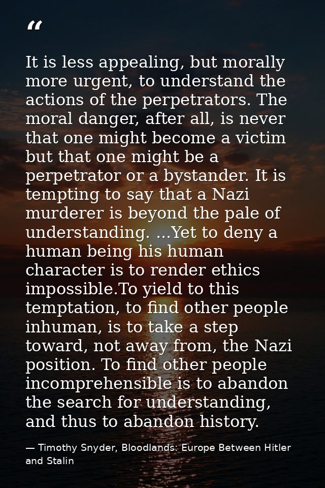 It is less appealing, but morally more urgent, to understand the actions of the perpetrators. The moral danger, after al — Timothy Snyder, Bloodlands: Europe Between Hitler and Stalin