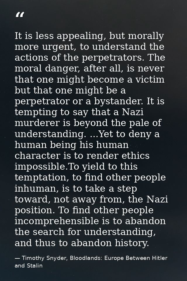 It is less appealing, but morally more urgent, to understand the actions of the perpetrators. The moral danger, after al — Timothy Snyder, Bloodlands: Europe Between Hitler and Stalin