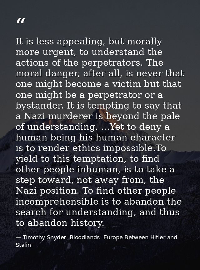 It is less appealing, but morally more urgent, to understand the actions of the perpetrators. The moral danger, after al — Timothy Snyder, Bloodlands: Europe Between Hitler and Stalin