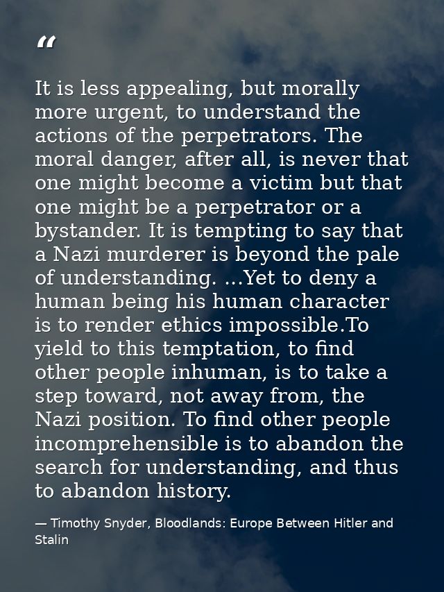 It is less appealing, but morally more urgent, to understand the actions of the perpetrators. The moral danger, after al — Timothy Snyder, Bloodlands: Europe Between Hitler and Stalin