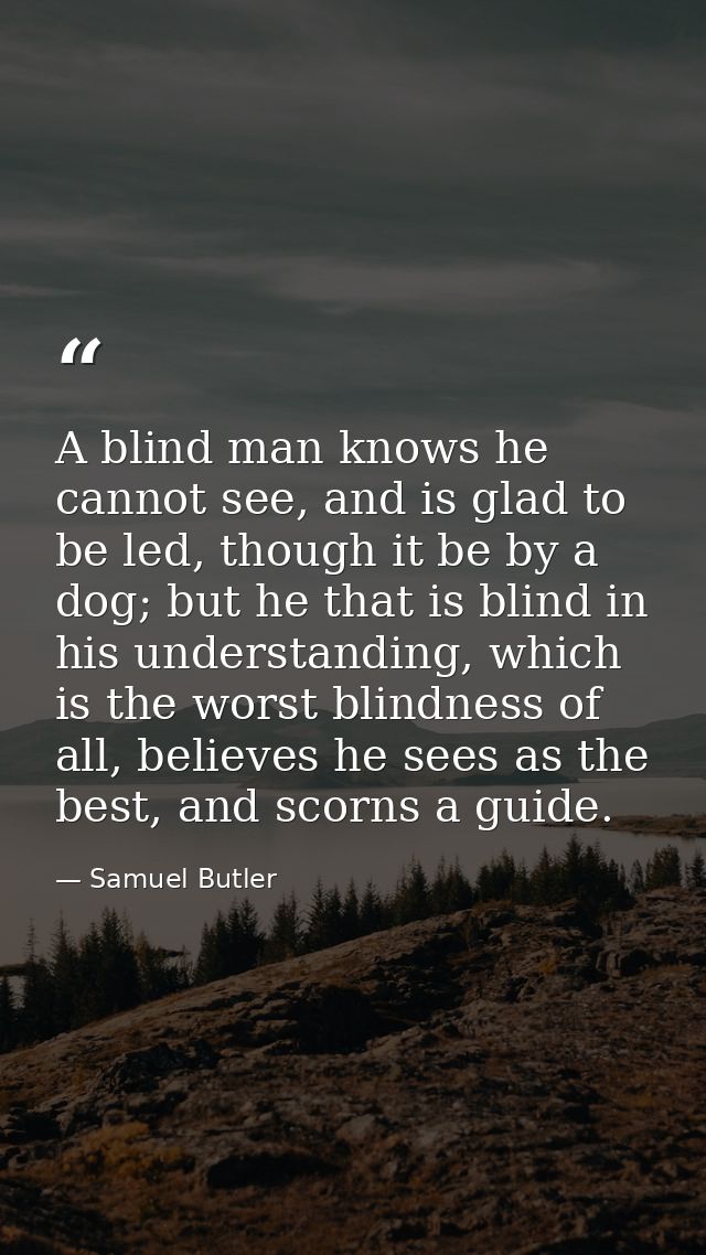 A blind man knows he cannot see, and is glad to be led, though it be by a dog; but he that is blind in his understanding — Samuel Butler