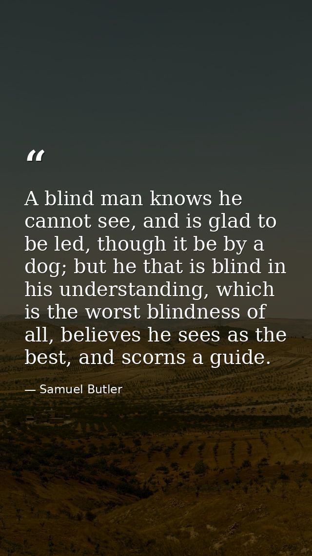 A blind man knows he cannot see, and is glad to be led, though it be by a dog; but he that is blind in his understanding — Samuel Butler