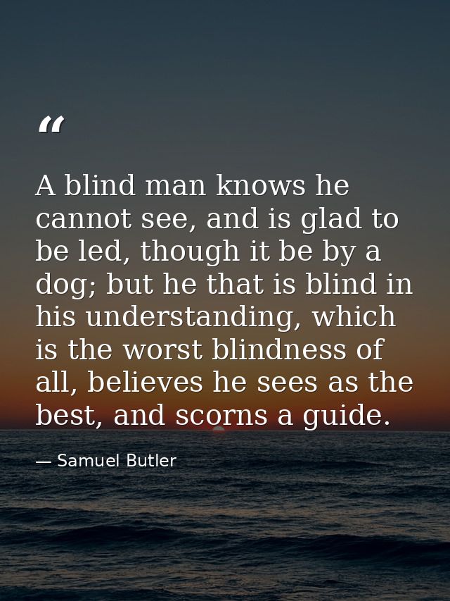 A blind man knows he cannot see, and is glad to be led, though it be by a dog; but he that is blind in his understanding — Samuel Butler