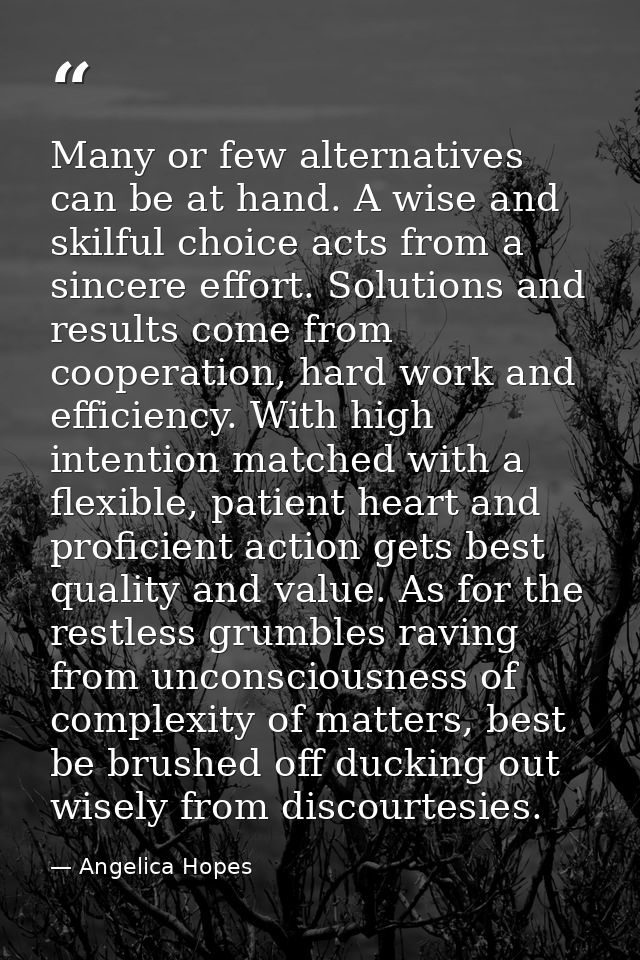 Many or few alternatives can be at hand. A wise and skilful choice acts from a sincere effort. Solutions and results com — Angelica Hopes
