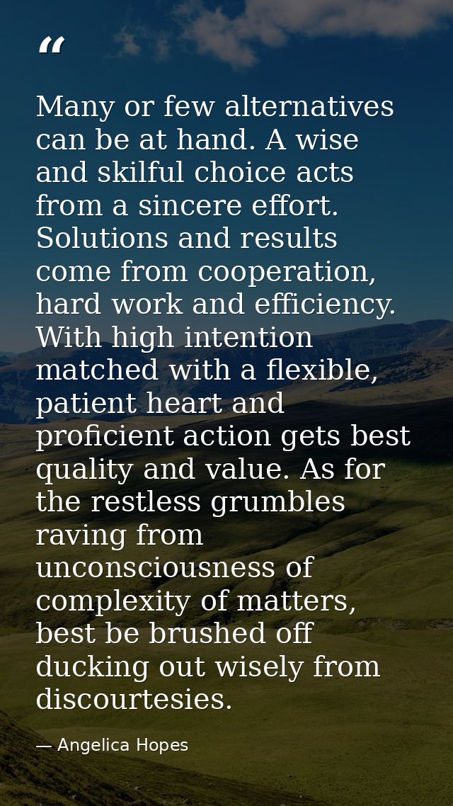 Many or few alternatives can be at hand. A wise and skilful choice acts from a sincere effort. Solutions and results com — Angelica Hopes