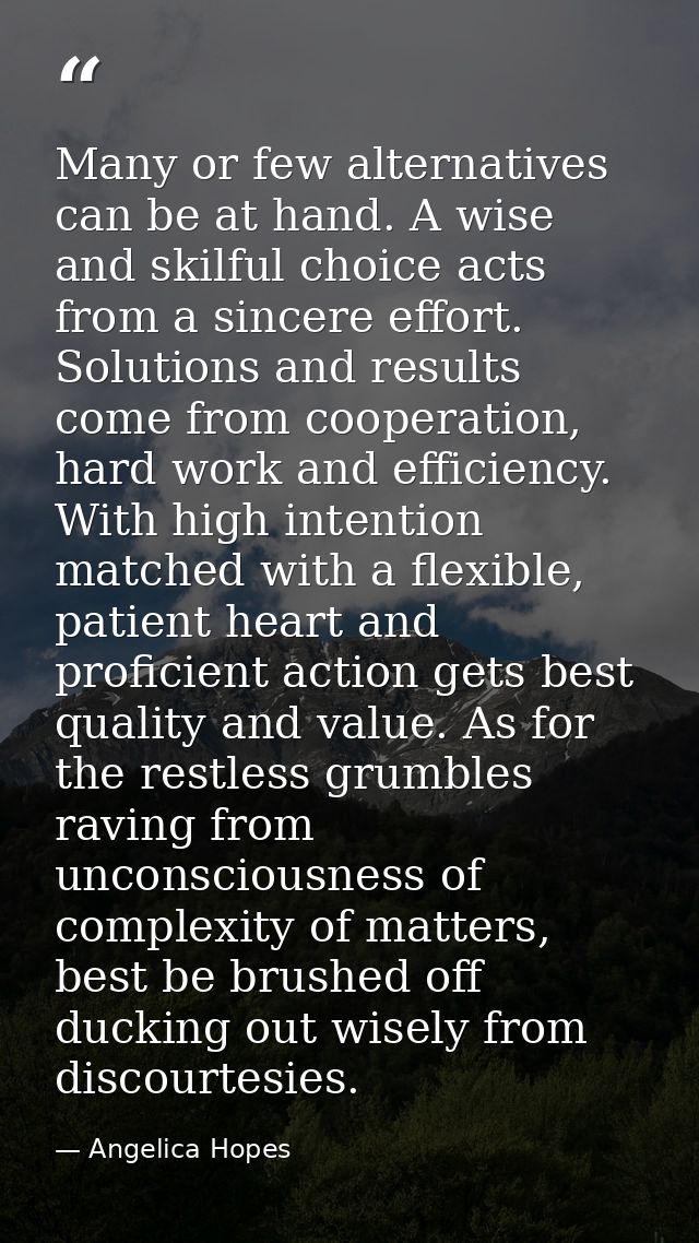 Many or few alternatives can be at hand. A wise and skilful choice acts from a sincere effort. Solutions and results com — Angelica Hopes
