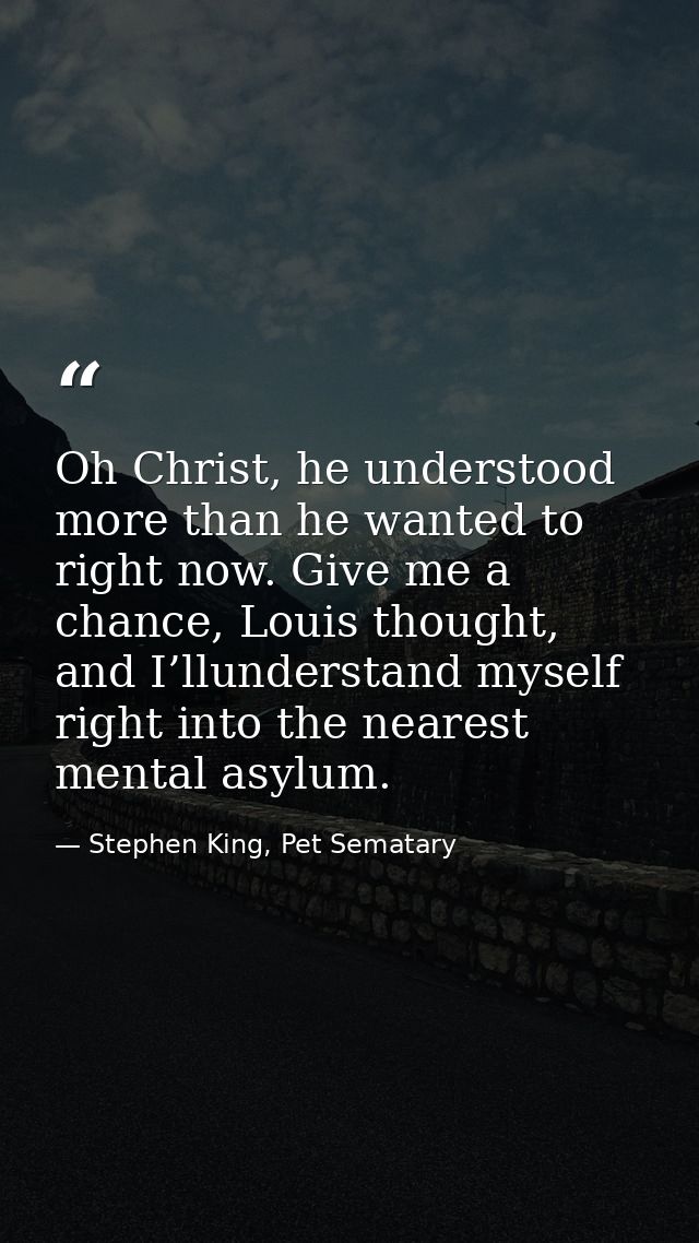 Oh Christ, he understood more than he wanted to right now. Give me a chance, Louis thought, and I’llunderstand myself ri — Stephen King, Pet Sematary