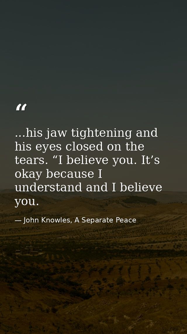 ...his jaw tightening and his eyes closed on the tears. “I believe you. It’s okay because I understand and I believe you — John Knowles, A Separate Peace