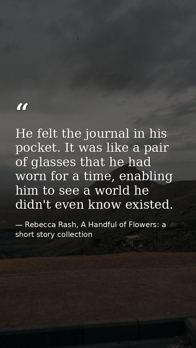 He felt the journal in his pocket. It was like a pair of glasses that he had worn for a time, enabling him to see a worl — Rebecca Rash, A Handful of Flowers: a short story collection