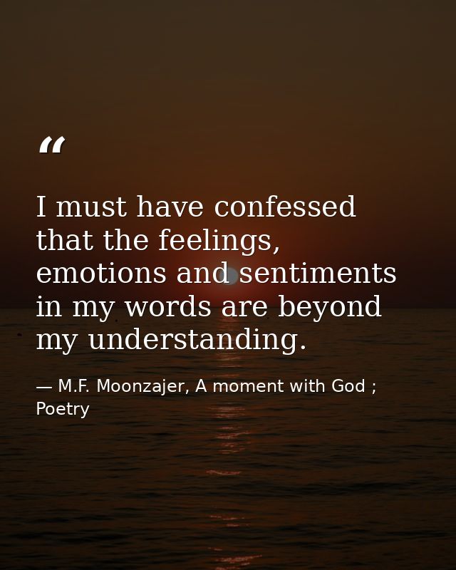 I must have confessed that the feelings, emotions and sentiments in my words are beyond my understanding. — M.F. Moonzajer, A moment with God ; Poetry