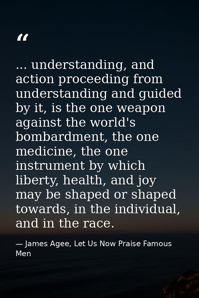 ... understanding, and action proceeding from understanding and guided by it, is the one weapon against the world's bomb — James Agee, Let Us Now Praise Famous Men