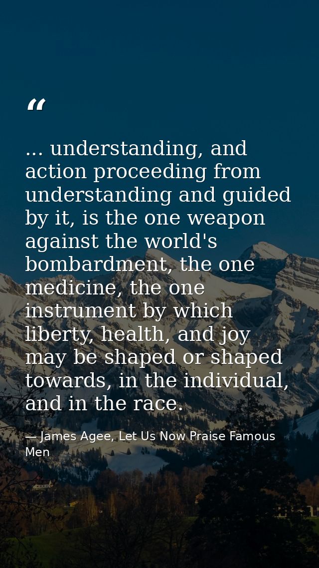 ... understanding, and action proceeding from understanding and guided by it, is the one weapon against the world's bomb — James Agee, Let Us Now Praise Famous Men