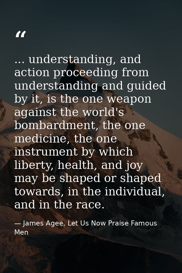 ... understanding, and action proceeding from understanding and guided by it, is the one weapon against the world's bomb — James Agee, Let Us Now Praise Famous Men