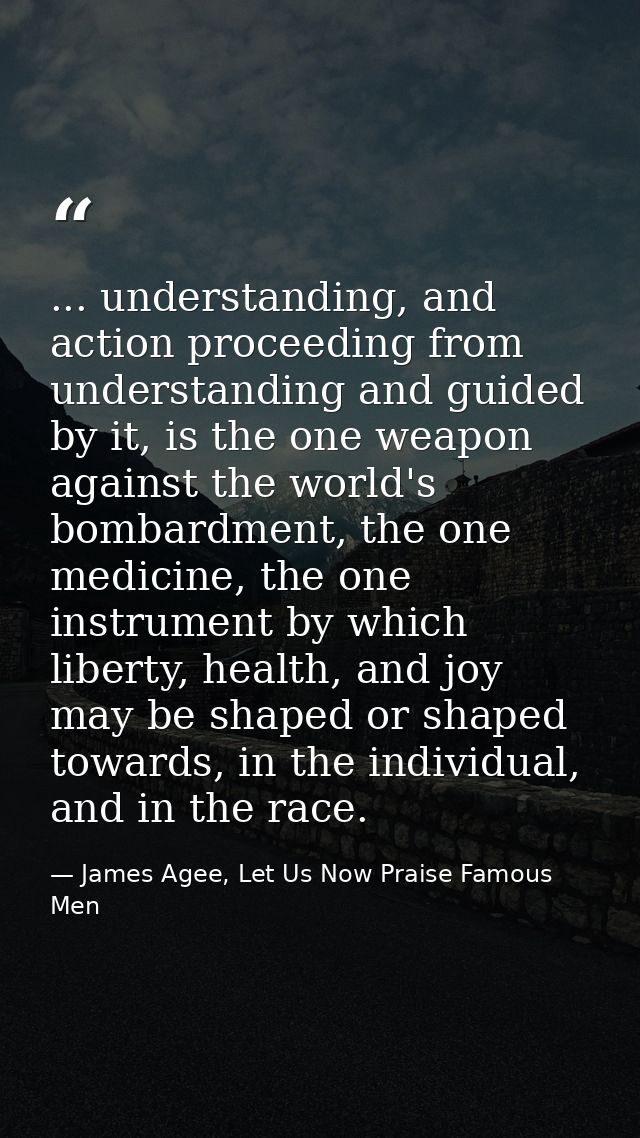 ... understanding, and action proceeding from understanding and guided by it, is the one weapon against the world's bomb — James Agee, Let Us Now Praise Famous Men