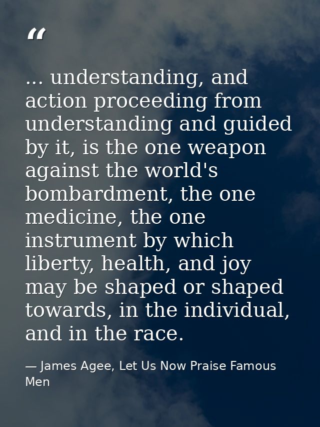 ... understanding, and action proceeding from understanding and guided by it, is the one weapon against the world's bomb — James Agee, Let Us Now Praise Famous Men