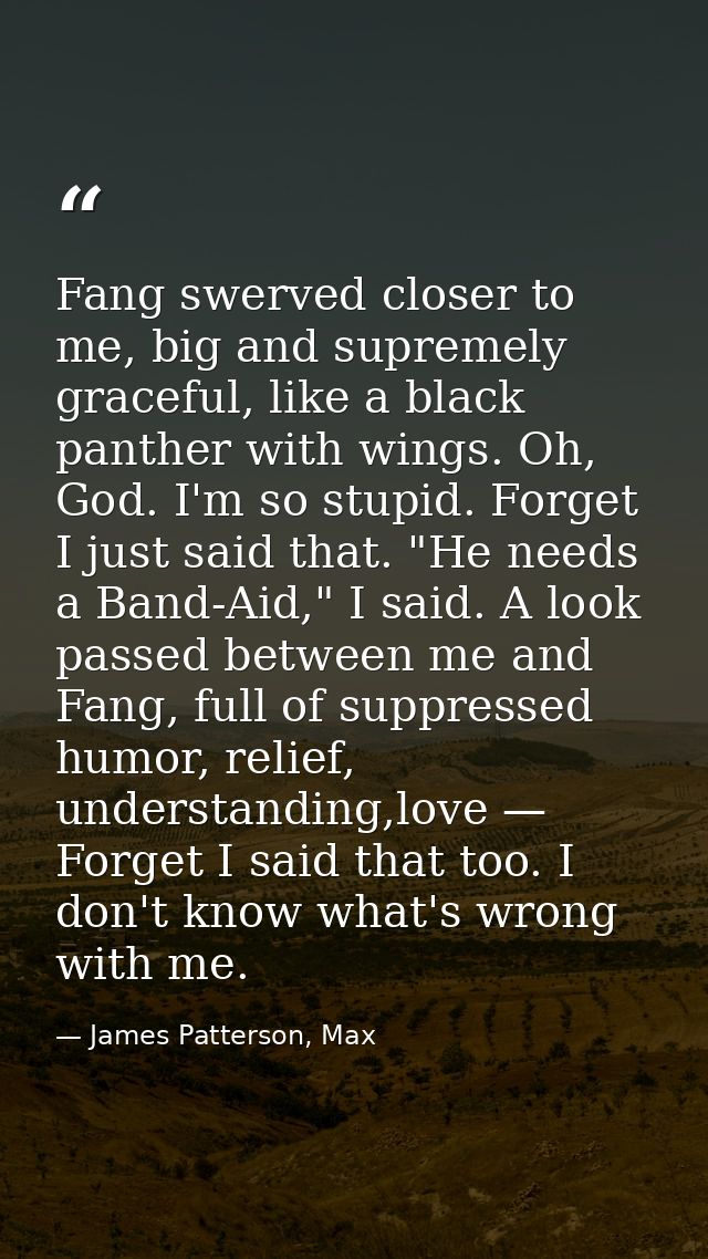 Fang swerved closer to me, big and supremely graceful, like a black panther with wings. Oh, God. I'm so stupid. Forget I — James Patterson, Max