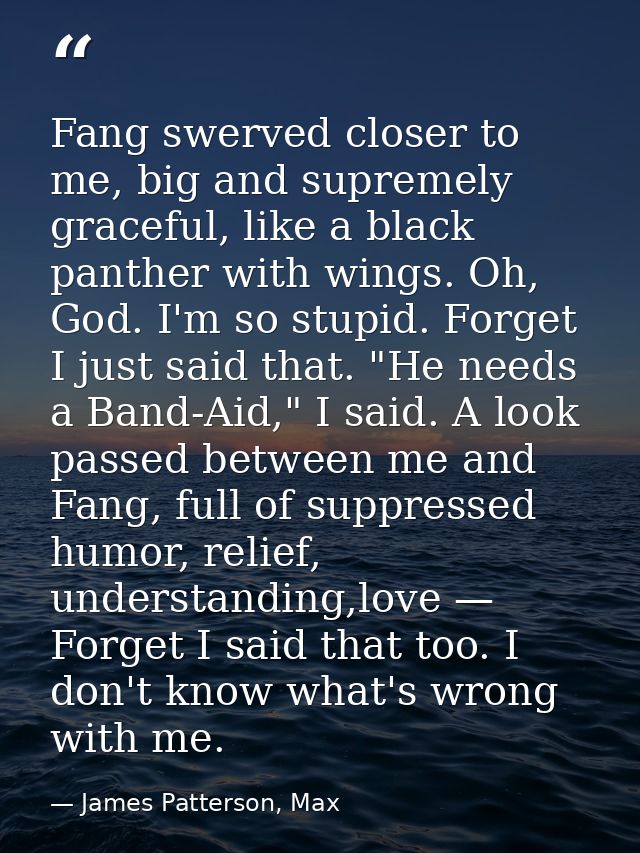 Fang swerved closer to me, big and supremely graceful, like a black panther with wings. Oh, God. I'm so stupid. Forget I — James Patterson, Max