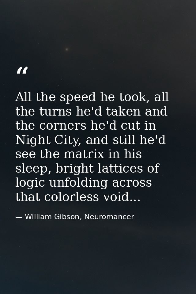 All the speed he took, all the turns he'd taken and the corners he'd cut in Night City, and still he'd see the matrix in — William Gibson, Neuromancer