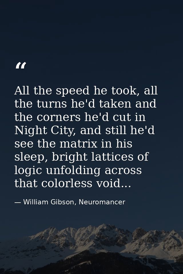 All the speed he took, all the turns he'd taken and the corners he'd cut in Night City, and still he'd see the matrix in — William Gibson, Neuromancer