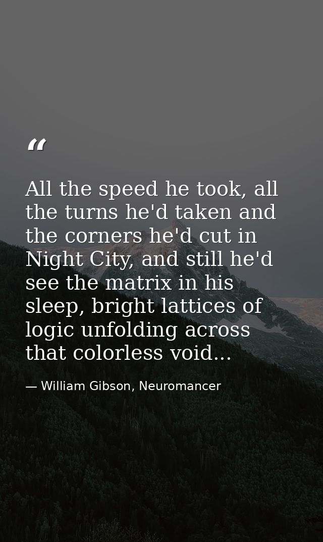 All the speed he took, all the turns he'd taken and the corners he'd cut in Night City, and still he'd see the matrix in — William Gibson, Neuromancer