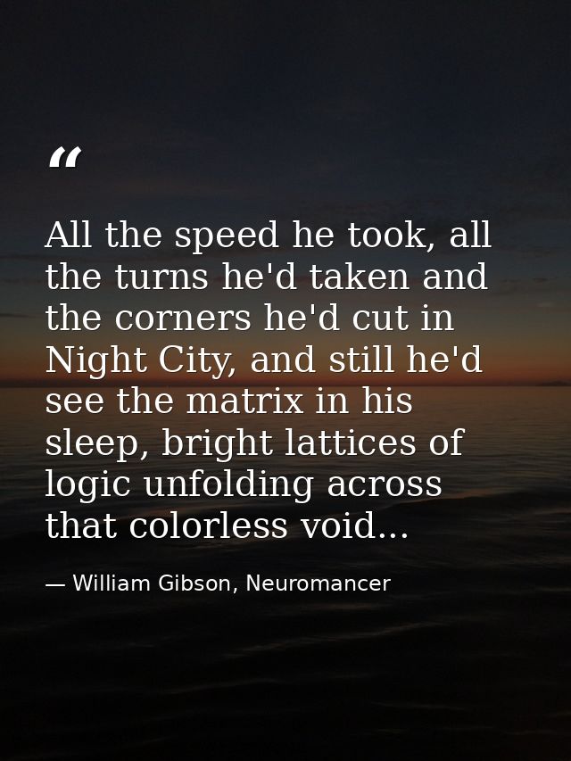 All the speed he took, all the turns he'd taken and the corners he'd cut in Night City, and still he'd see the matrix in — William Gibson, Neuromancer