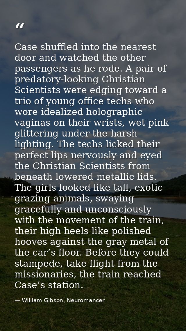 Case shuffled into the nearest door and watched the other passengers as he rode. A pair of predatory-looking Christian S — William Gibson, Neuromancer