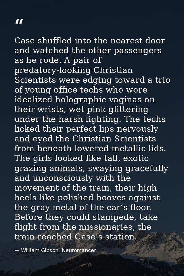 Case shuffled into the nearest door and watched the other passengers as he rode. A pair of predatory-looking Christian S — William Gibson, Neuromancer