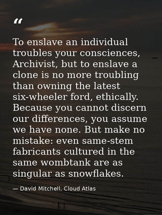 To enslave an individual troubles your consciences, Archivist, but to enslave a clone is no more troubling than owning t — David Mitchell, Cloud Atlas