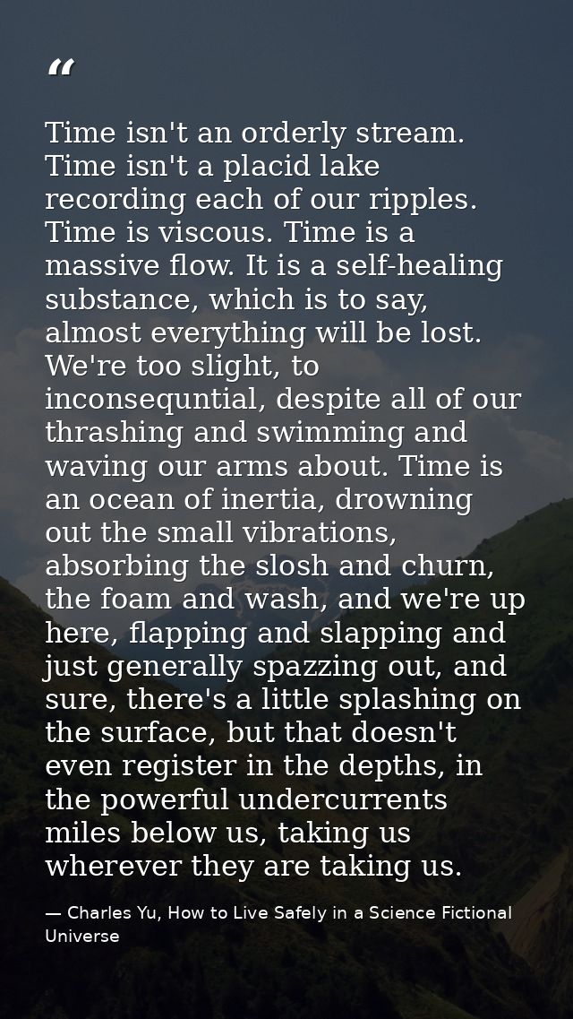 Time isn't an orderly stream. Time isn't a placid lake recording each of our ripples. Time is viscous. Time is a massive — Charles Yu, How to Live Safely in a Science Fictional Universe