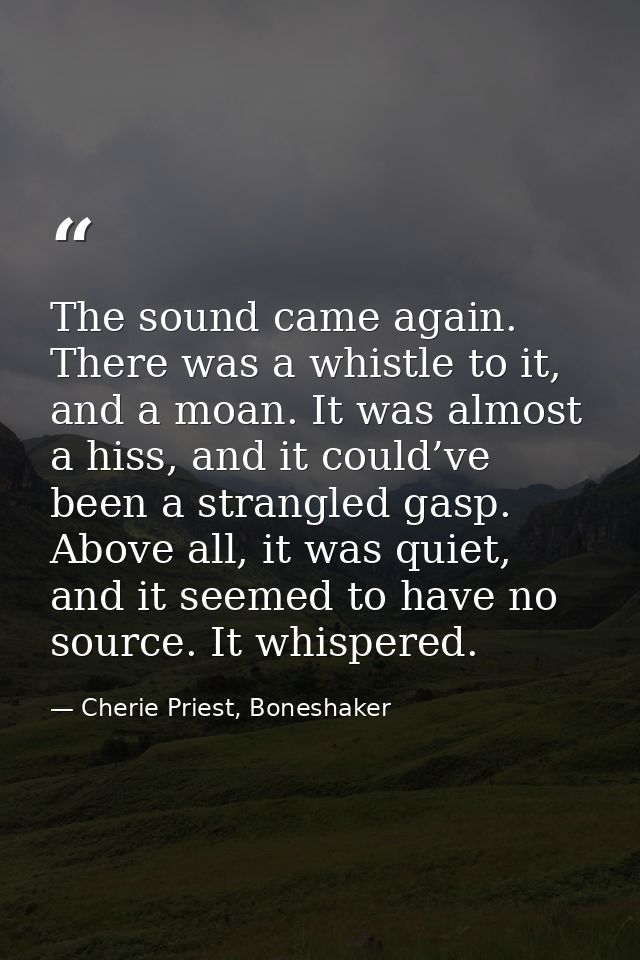 The sound came again. There was a whistle to it, and a moan. It was almost a hiss, and it could’ve been a strangled gasp — Cherie Priest, Boneshaker
