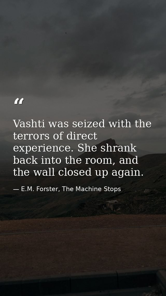 Vashti was seized with the terrors of direct experience. She shrank back into the room, and the wall closed up again. — E.M. Forster, The Machine Stops