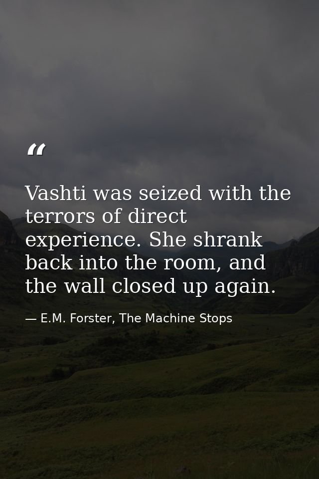 Vashti was seized with the terrors of direct experience. She shrank back into the room, and the wall closed up again. — E.M. Forster, The Machine Stops