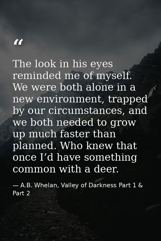 The look in his eyes reminded me of myself. We were both alone in a new environment, trapped by our circumstances, and w — A.B. Whelan, Valley of Darkness Part 1 & Part 2