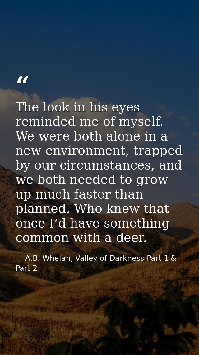 The look in his eyes reminded me of myself. We were both alone in a new environment, trapped by our circumstances, and w — A.B. Whelan, Valley of Darkness Part 1 & Part 2