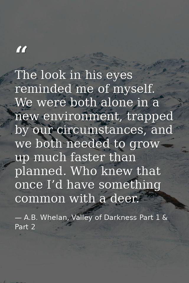 The look in his eyes reminded me of myself. We were both alone in a new environment, trapped by our circumstances, and w — A.B. Whelan, Valley of Darkness Part 1 & Part 2