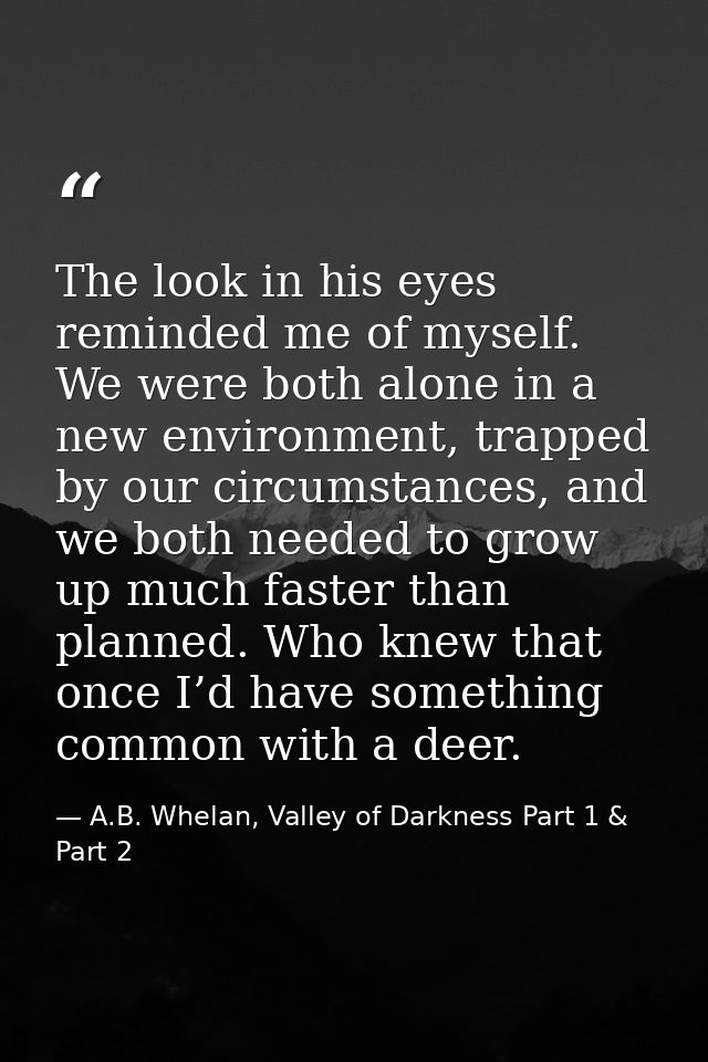 The look in his eyes reminded me of myself. We were both alone in a new environment, trapped by our circumstances, and w — A.B. Whelan, Valley of Darkness Part 1 & Part 2