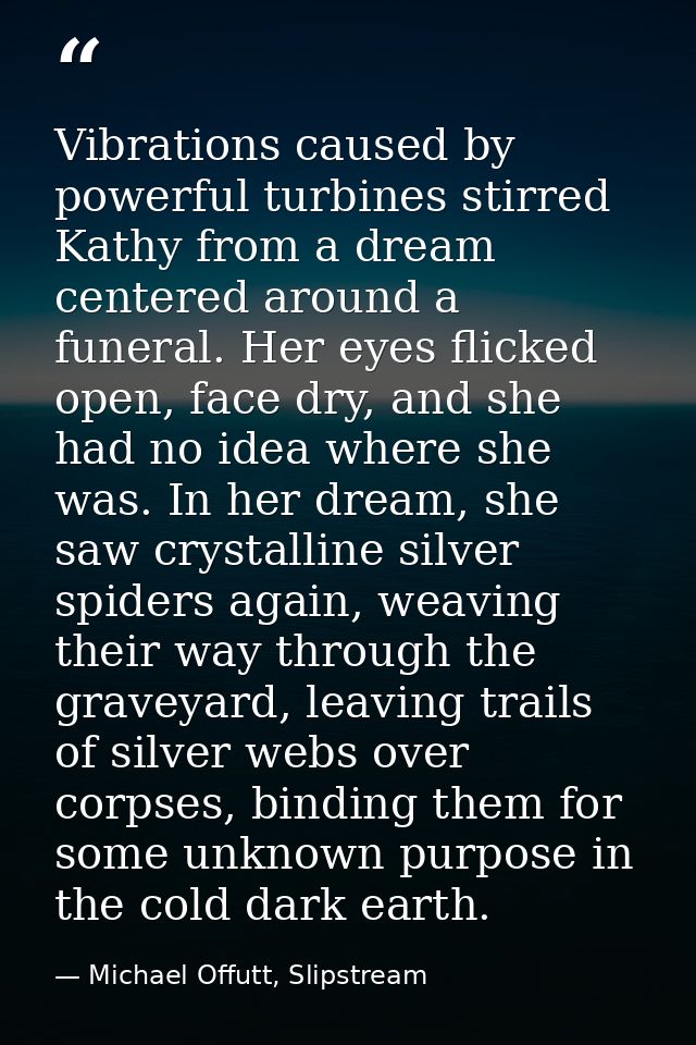 Vibrations caused by powerful turbines stirred Kathy from a dream centered around a funeral. Her eyes flicked open, face — Michael Offutt, Slipstream