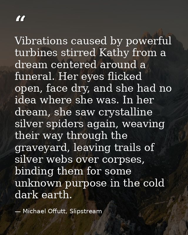 Vibrations caused by powerful turbines stirred Kathy from a dream centered around a funeral. Her eyes flicked open, face — Michael Offutt, Slipstream