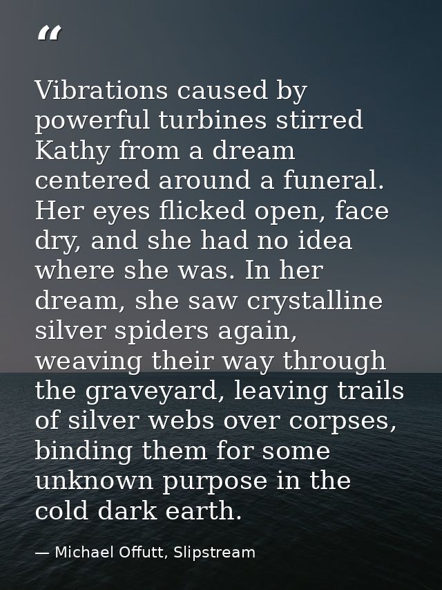 Vibrations caused by powerful turbines stirred Kathy from a dream centered around a funeral. Her eyes flicked open, face — Michael Offutt, Slipstream