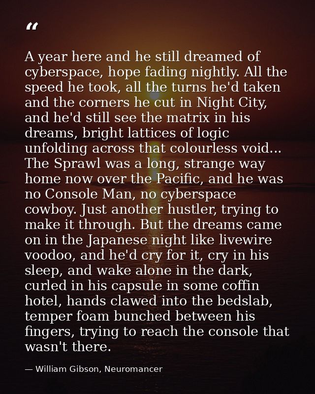 A year here and he still dreamed of cyberspace, hope fading nightly. All the speed he took, all the turns he'd taken and — William Gibson, Neuromancer