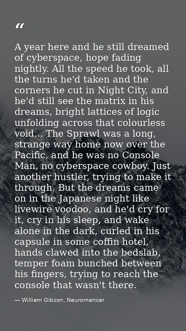 A year here and he still dreamed of cyberspace, hope fading nightly. All the speed he took, all the turns he'd taken and — William Gibson, Neuromancer