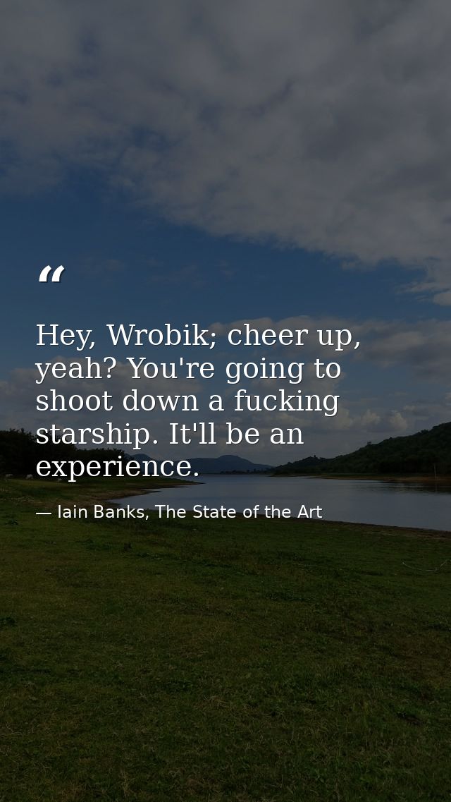 Hey, Wrobik; cheer up, yeah? You're going to shoot down a fucking starship. It'll be an experience. — Iain Banks, The State of the Art
