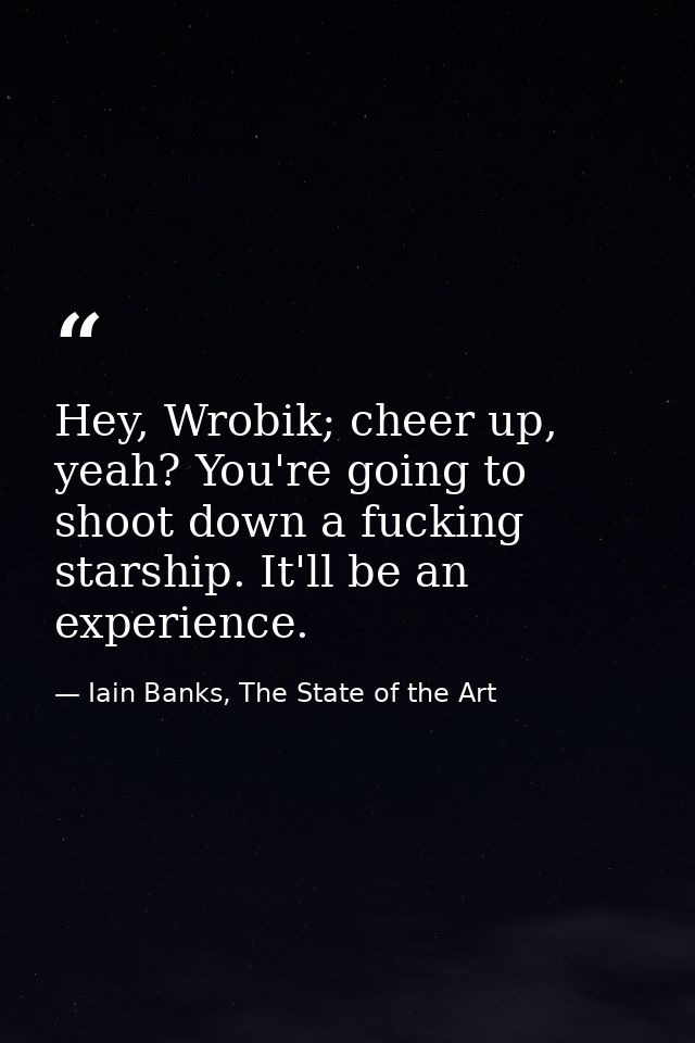 Hey, Wrobik; cheer up, yeah? You're going to shoot down a fucking starship. It'll be an experience. — Iain Banks, The State of the Art
