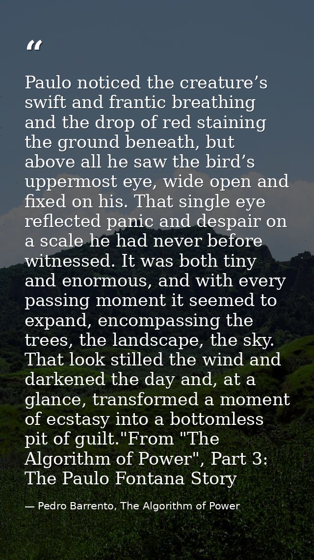 Paulo noticed the creature’s swift and frantic breathing and the drop of red staining the ground beneath, but above all  — Pedro Barrento, The Algorithm of Power
