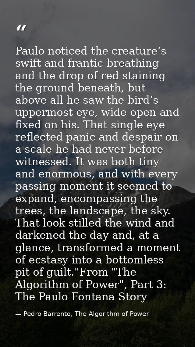Paulo noticed the creature’s swift and frantic breathing and the drop of red staining the ground beneath, but above all  — Pedro Barrento, The Algorithm of Power