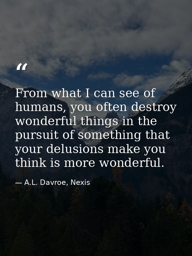 From what I can see of humans, you often destroy wonderful things in the pursuit of something that your delusions make y — A.L. Davroe, Nexis
