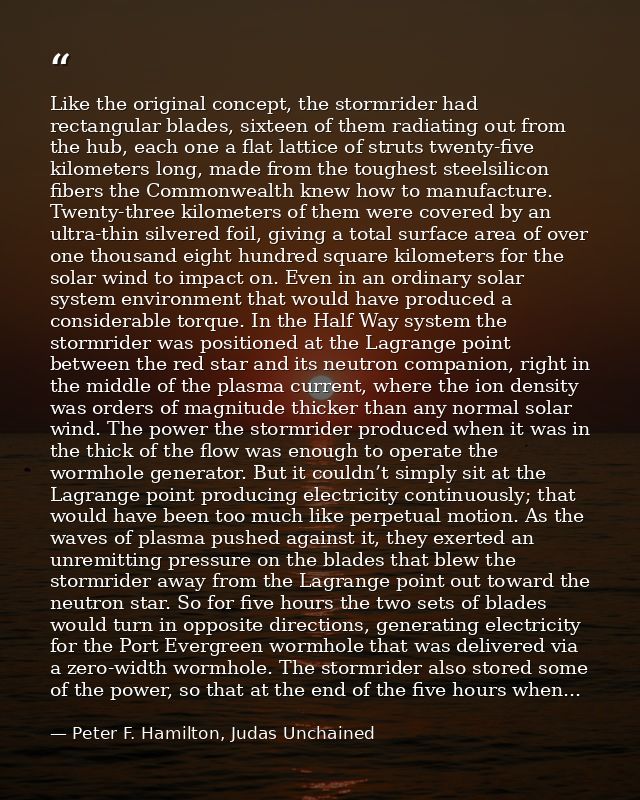 Like the original concept, the stormrider had rectangular blades, sixteen of them radiating out from the hub, each one a — Peter F. Hamilton, Judas Unchained