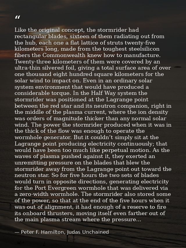 Like the original concept, the stormrider had rectangular blades, sixteen of them radiating out from the hub, each one a — Peter F. Hamilton, Judas Unchained