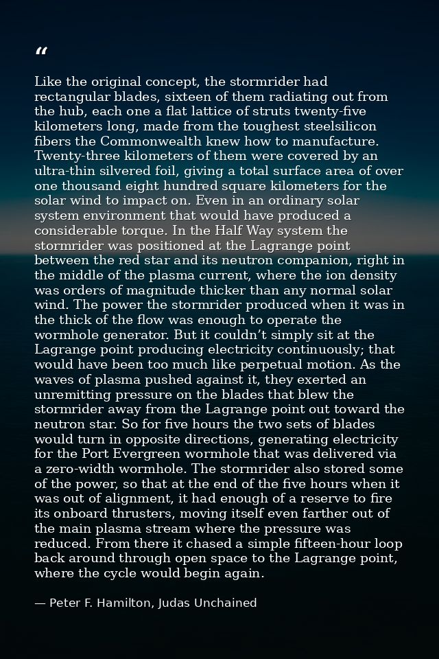 Like the original concept, the stormrider had rectangular blades, sixteen of them radiating out from the hub, each one a — Peter F. Hamilton, Judas Unchained